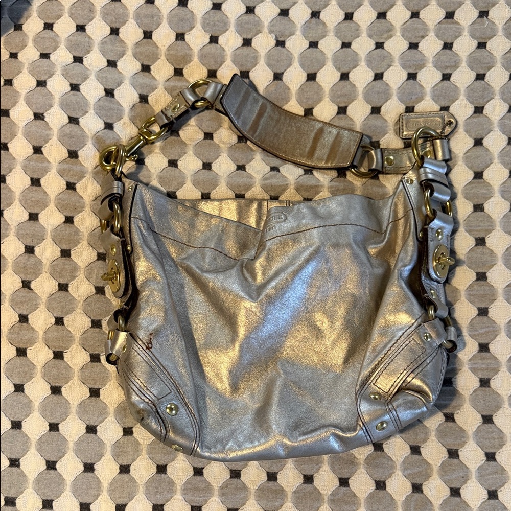 Coach Metallic Silver Leather Hobo Shoulder Bag with Gold Hardware